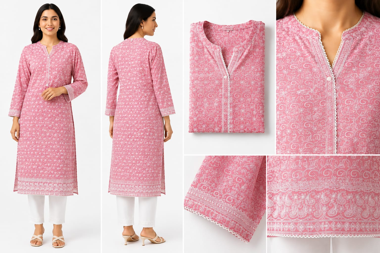 Cotton Lucknawi Embroidered Fabric — Peach - Image 2