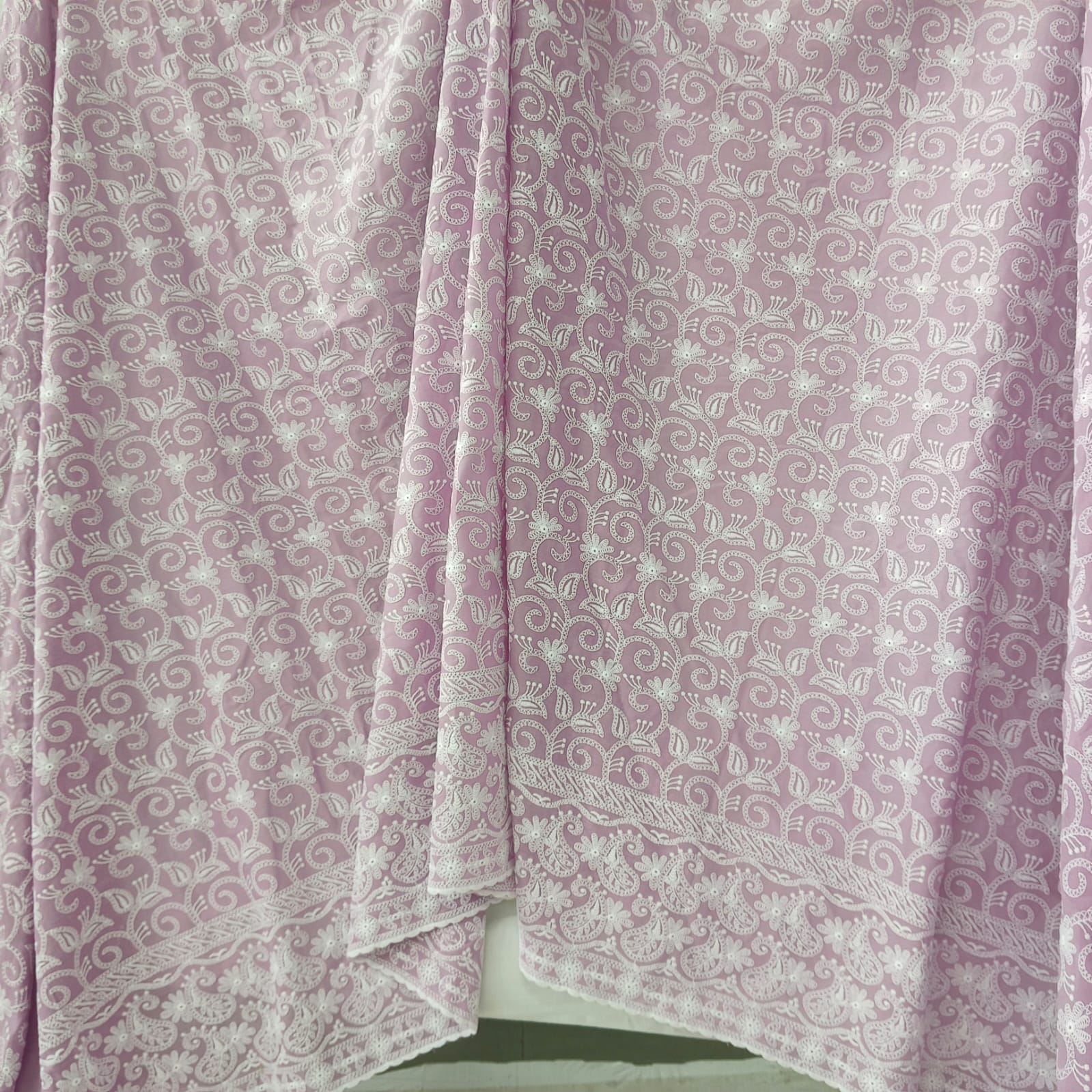 Cotton Lucknawi Embroidered Fabric — Lavender - Image 5
