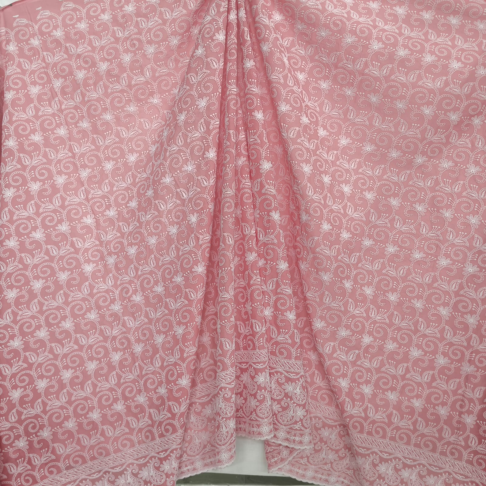 Cotton Lucknawi Embroidered Fabric — Peach - Image 5