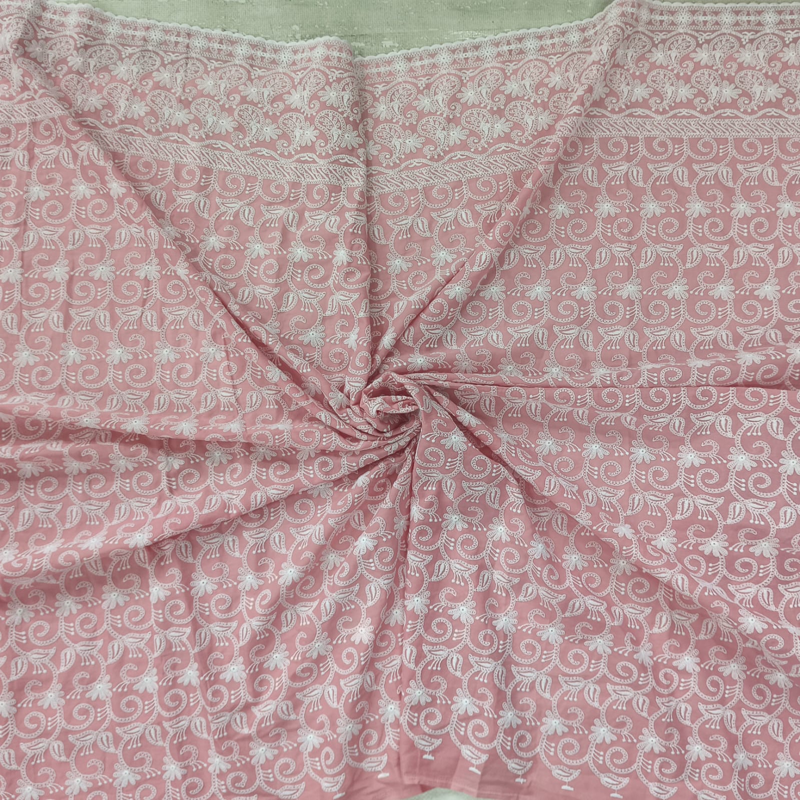 Cotton Lucknawi Embroidered Fabric — Peach - Image 4
