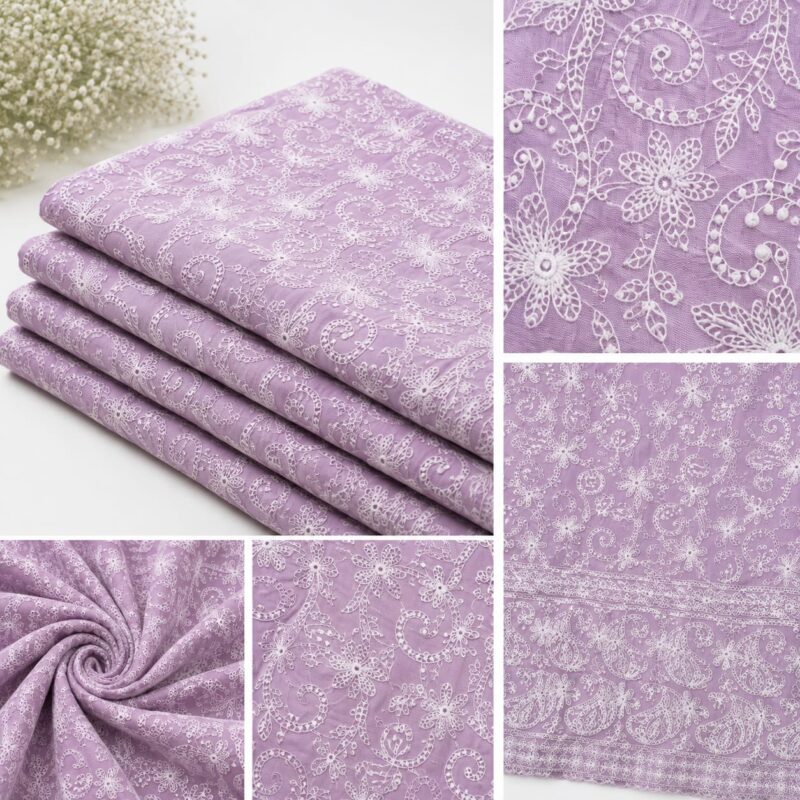 Cotton Lucknawi Embroidered Fabric — Lavender