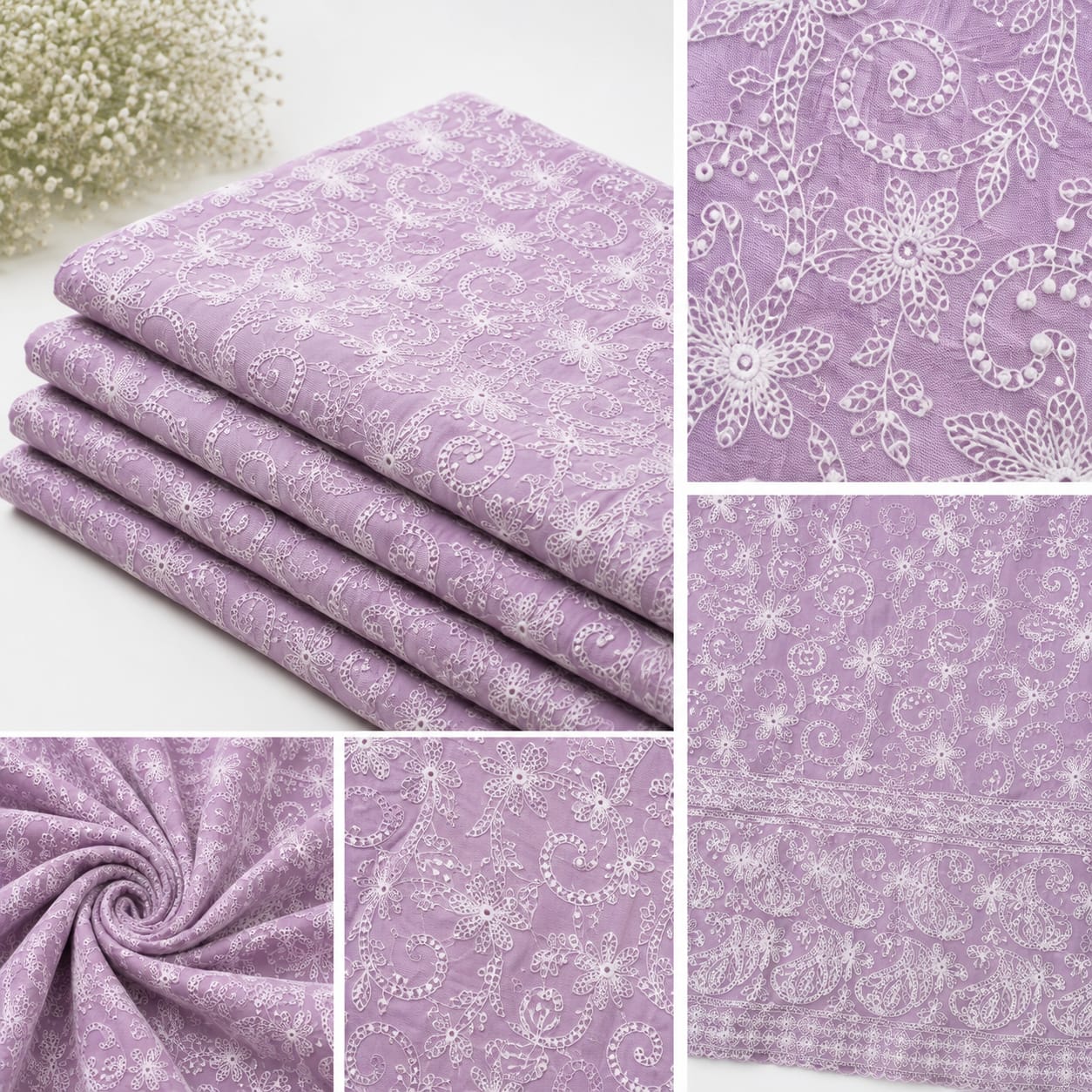 Cotton Lucknawi Embroidered Fabric — Lavender