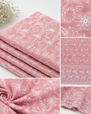 Cotton Lucknawi Embroidered Fabric — Peach