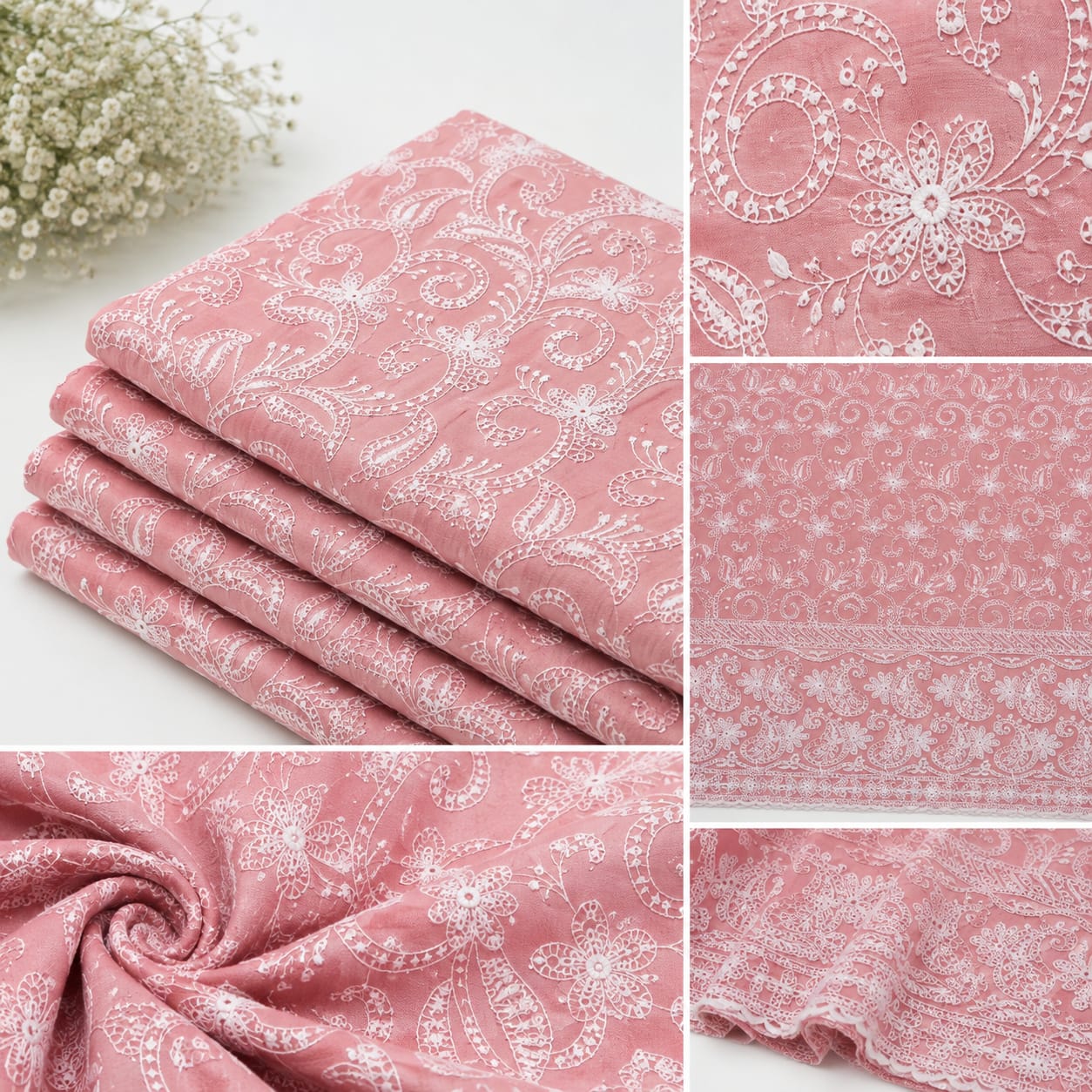Cotton Lucknawi Embroidered Fabric — Peach