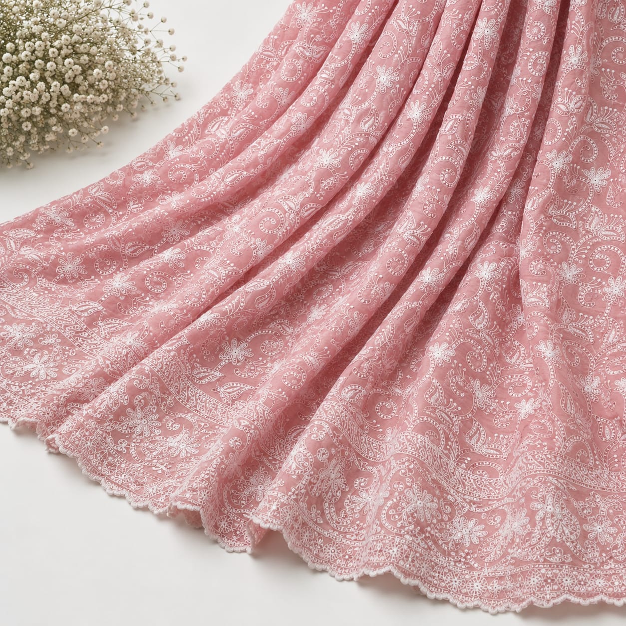 Cotton Lucknawi Embroidered Fabric — Peach - Image 3