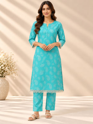Premium  Blue Jacquard Dobby Fabric with Paisley Motifs