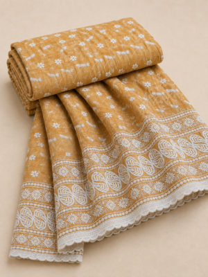 Elegance Embroidered Cotton Blend Schiffli Saree — Mustard Yellow