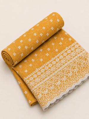 Elegance Embroidered Cotton Blend Schiffli Saree — Mustard Yellow
