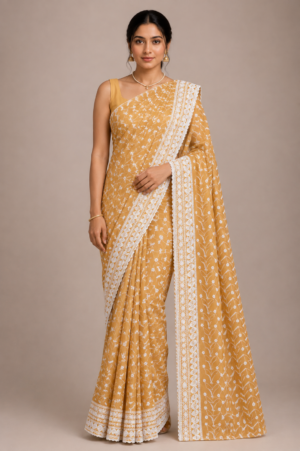 Elegance Embroidered Cotton Blend Schiffli Saree — Mustard Yellow