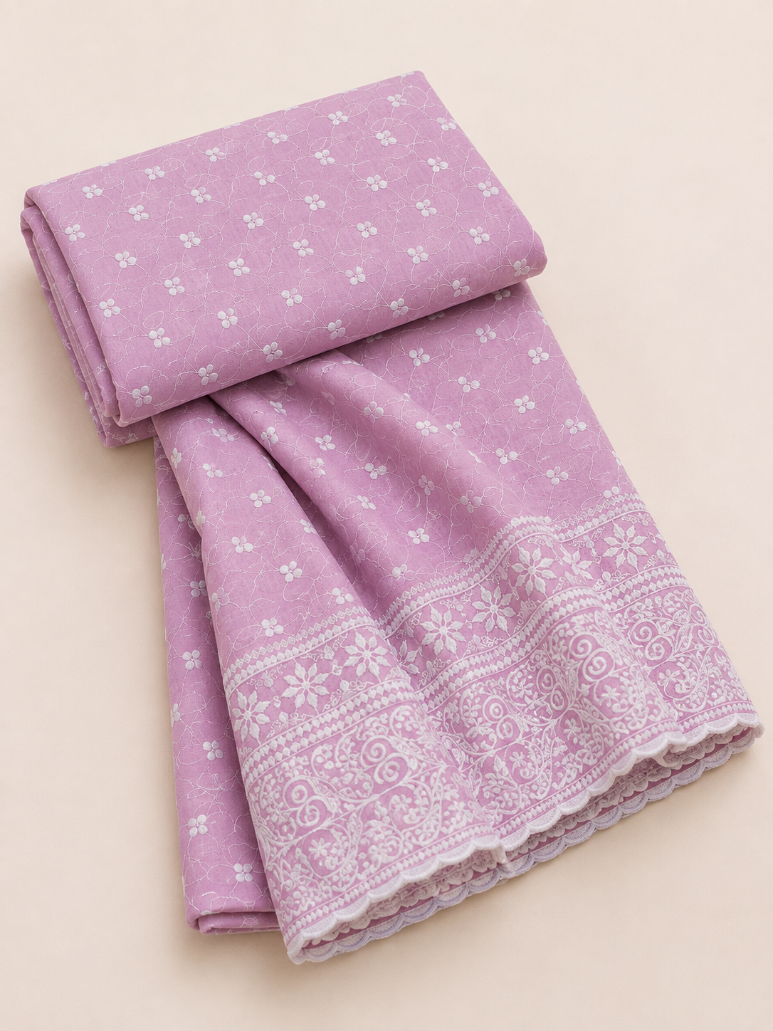 Elegance Embroidered Cotton Blend Schiffli Saree — Pink - Image 5