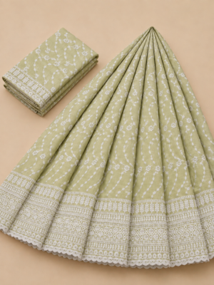 Elegance Embroidered Cotton Blend Schiffli Saree — Sage Green