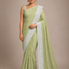 Blended cotton embroidery saree-Sage green