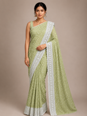 Blended cotton embroidery saree-Sage green
