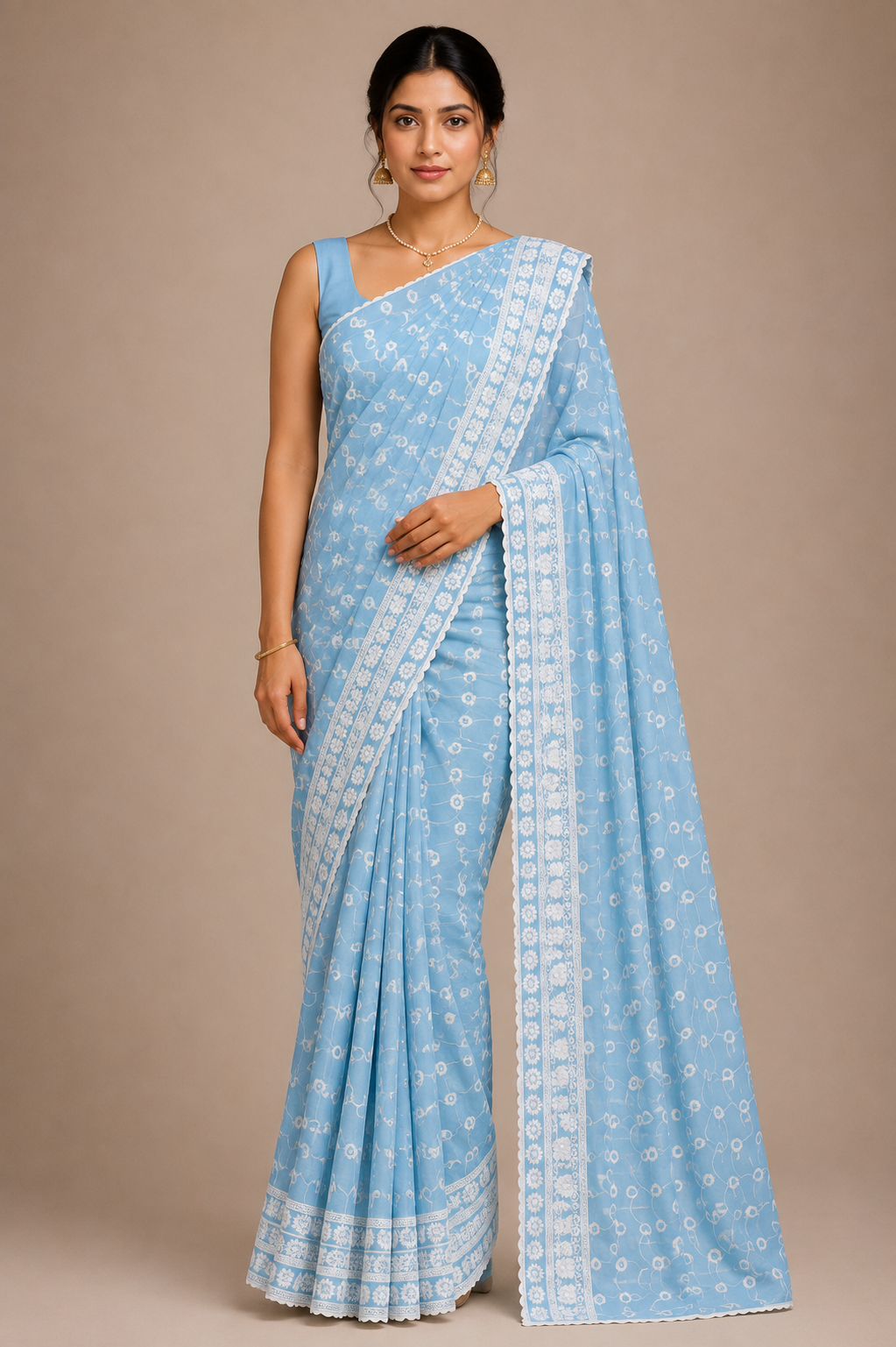 Blended cotton embroidery saree-Blue