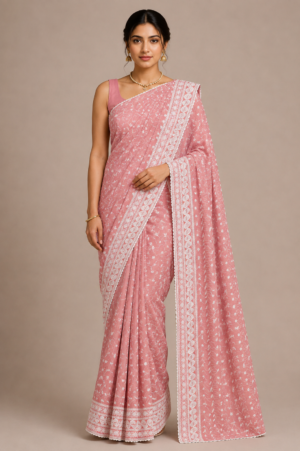 Blended cotton embroidery saree-Peach