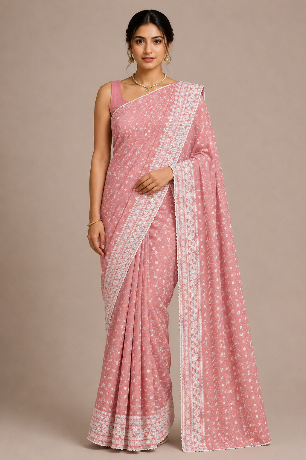 Blended cotton embroidery saree-Peach