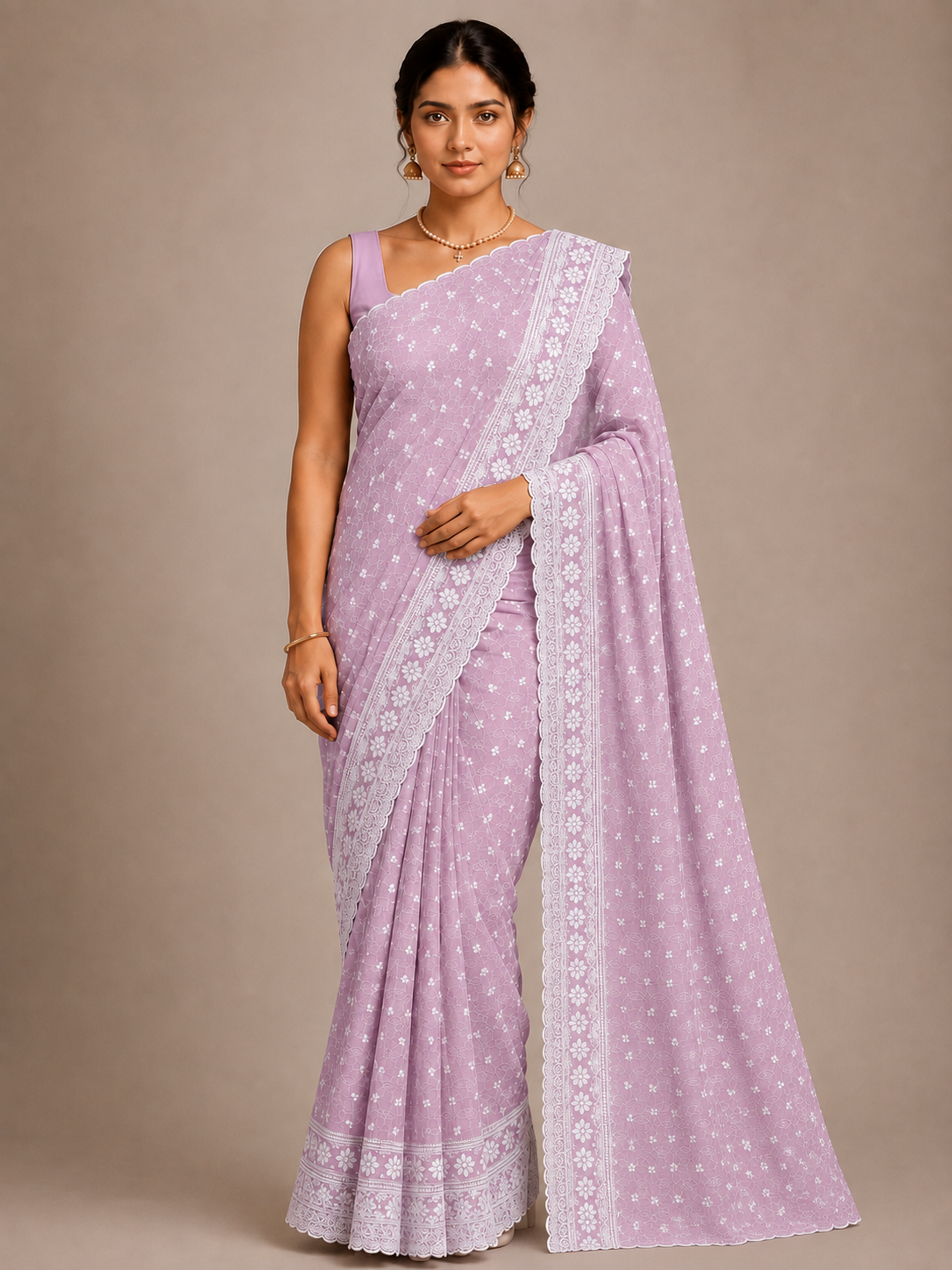 Blended cotton embroidery saree-Pink