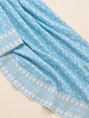Blue Chiffon Schiffli Embroidered Saree