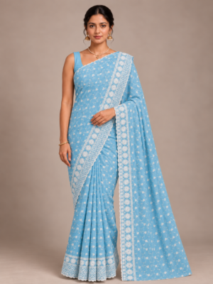 Blue Chiffon Schiffli Embroidered Saree