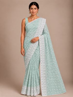 Mint Green Chiffon Schiffli Embroidered Saree