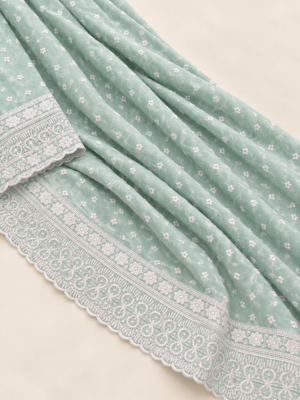 Mint Green Chiffon Schiffli Embroidered Saree