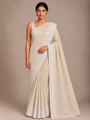 Peach Chiffon Schiffli Embroidered Saree
