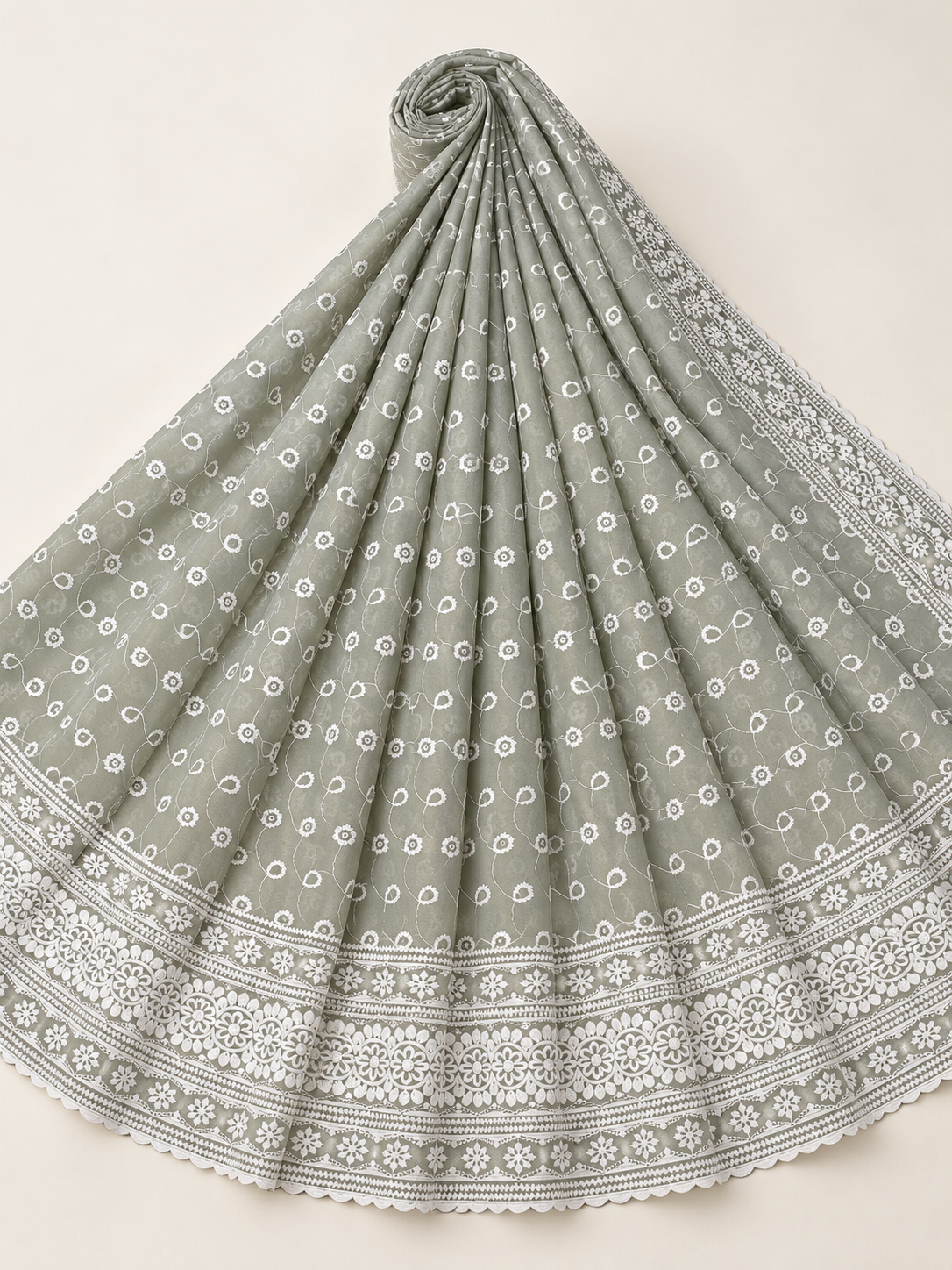 Sage Green Chiffon Schiffli Embroidered Saree - Image 3