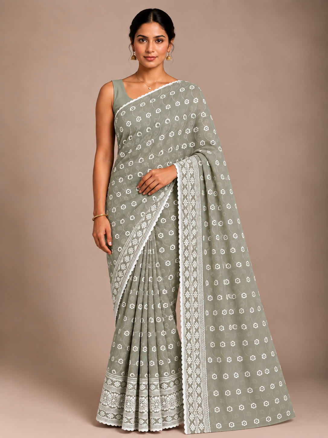 Sage Green Chiffon Schiffli Embroidered Saree