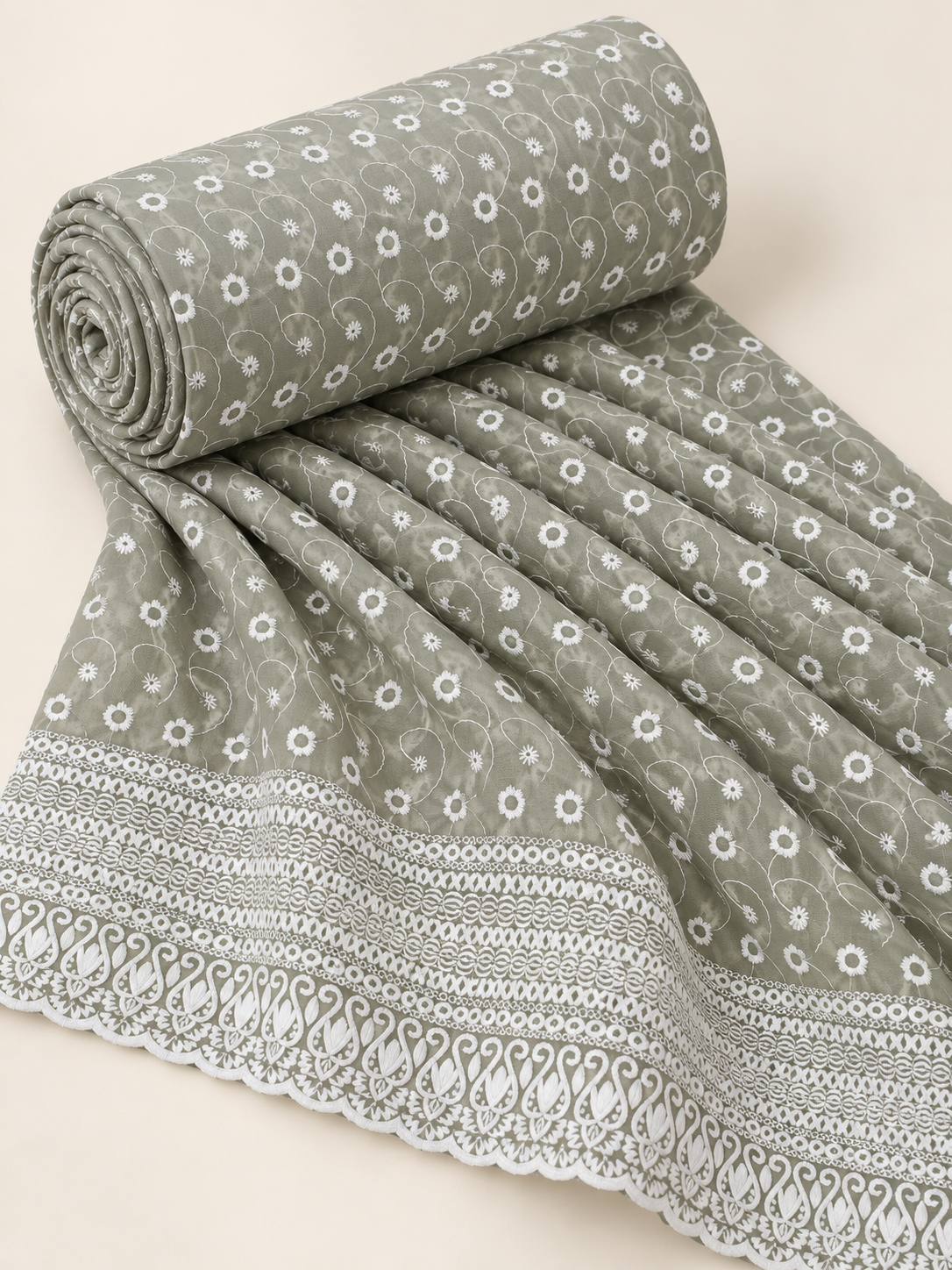 Sage Green Chiffon Schiffli Embroidered Saree - Image 5