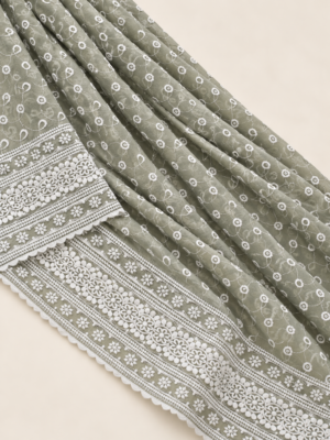 Sage Green Chiffon Schiffli Embroidered Saree