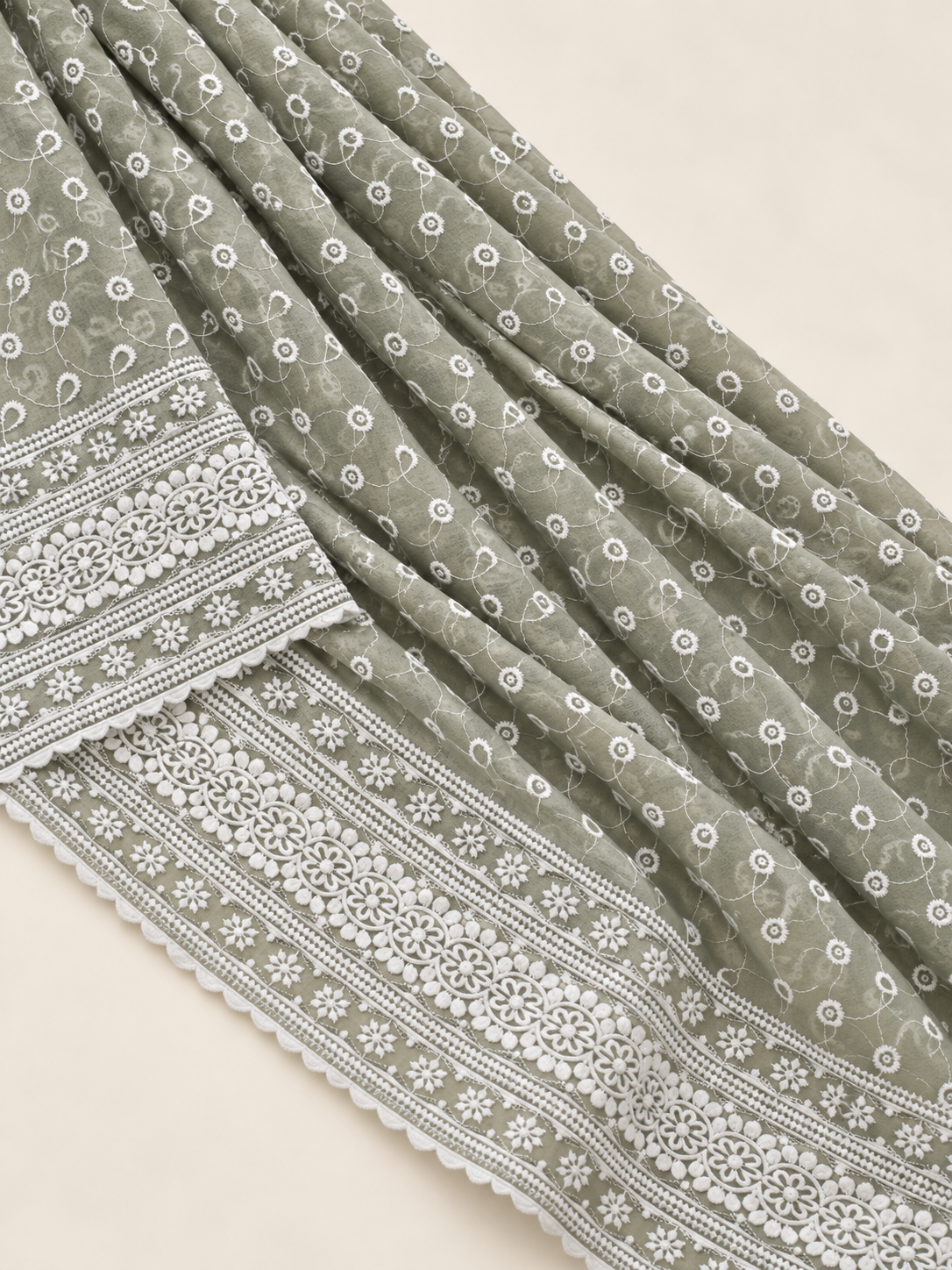 Sage Green Chiffon Schiffli Embroidered Saree - Image 4