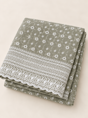 Sage Green Chiffon Schiffli Embroidered Saree