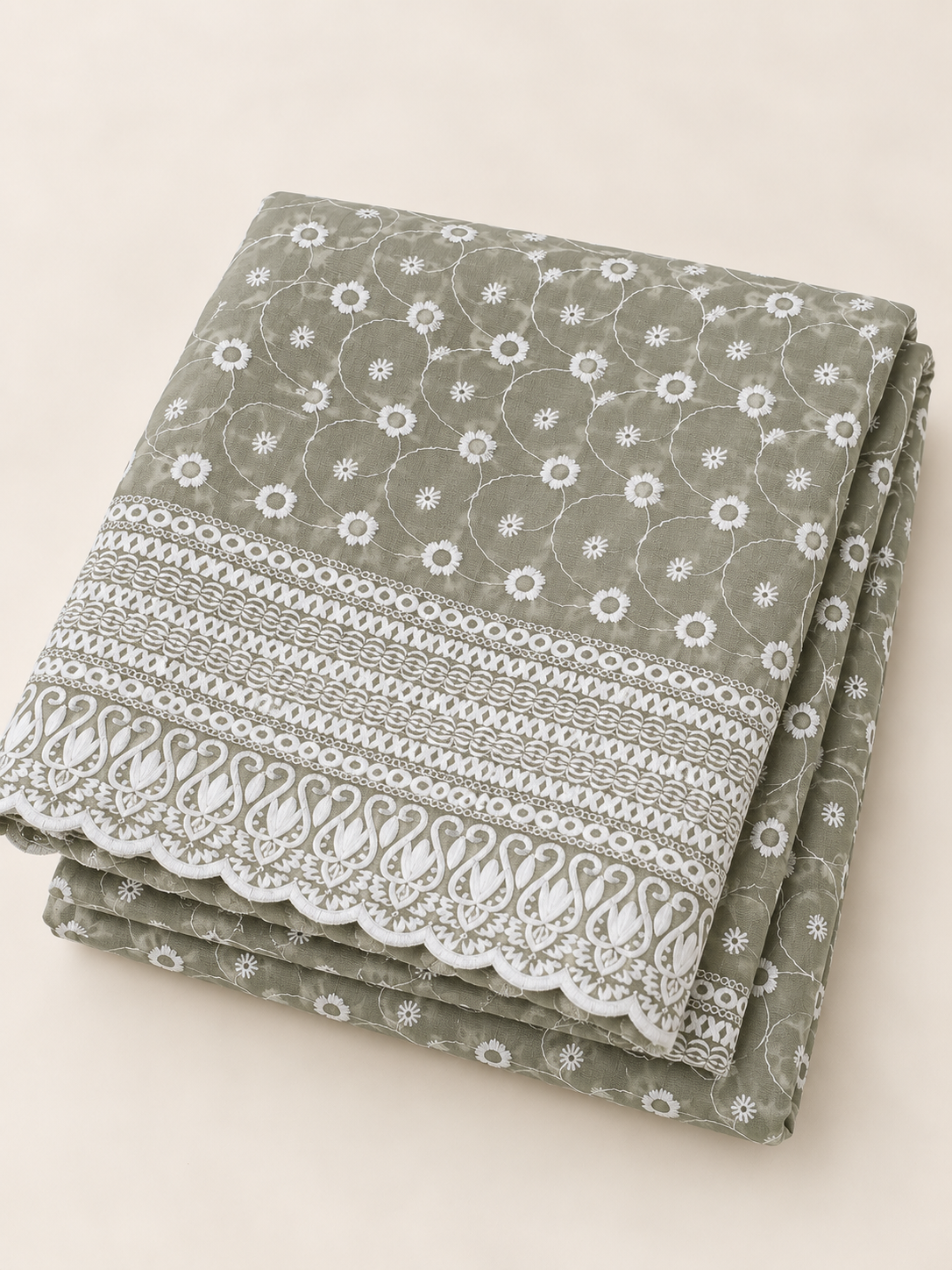 Sage Green Chiffon Schiffli Embroidered Saree - Image 2