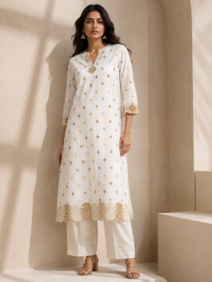 Cotton Ornament embroidery fabric-Cream