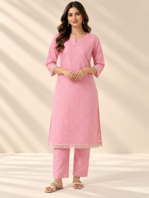 Premium Pink Jacquard Dobby Fabric with Floral Butti Motifs