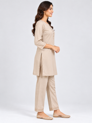Women’s Solid Light Brown Straight Short Kurta with Pant Set