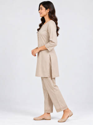 Women’s Solid Light Brown Straight Short Kurta with Pant Set