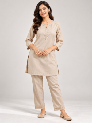 Women’s Solid Light Brown Straight Short Kurta with Pant Set
