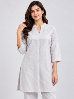 Women's Elegant Light Grey Straight Mandarin Collar Kurti with Pant