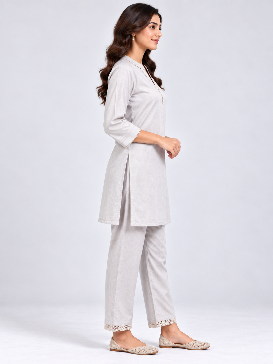 Women's Elegant Light Grey Straight Mandarin Collar Kurti with Pant - Image 3