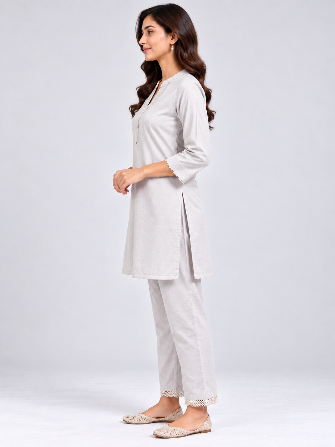Women's Elegant Light Grey Straight Mandarin Collar Kurti with Pant - Image 4