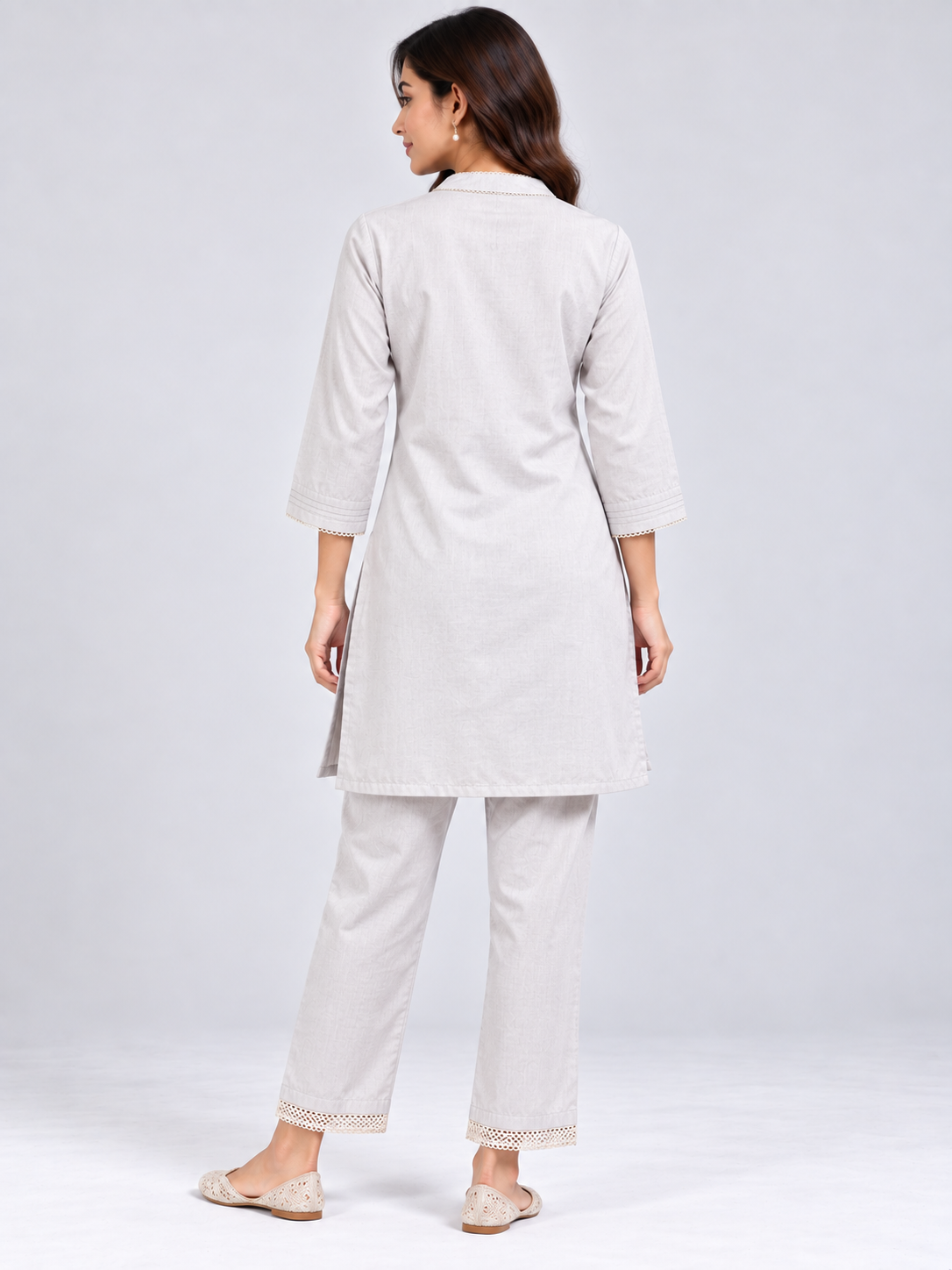 Women's Elegant Light Grey Straight Mandarin Collar Kurti with Pant - Image 5