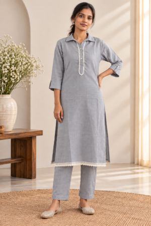 Women's Grey Shirt Collar Long Kurta & Straight Pants Co-Ord Set