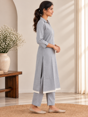 Women's Grey Shirt Collar Long Kurta & Straight Pants Co-Ord Set