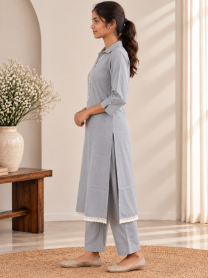 Women's Grey Shirt Collar Long Kurta & Straight Pants Co-Ord Set