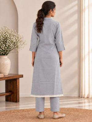 Women's Grey Shirt Collar Long Kurta & Straight Pants Co-Ord Set