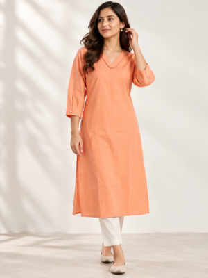 Peach V-Neck Straight Kurti