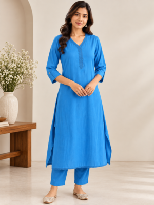 Women's Royal Blue Embroidered Kurta Pant Set