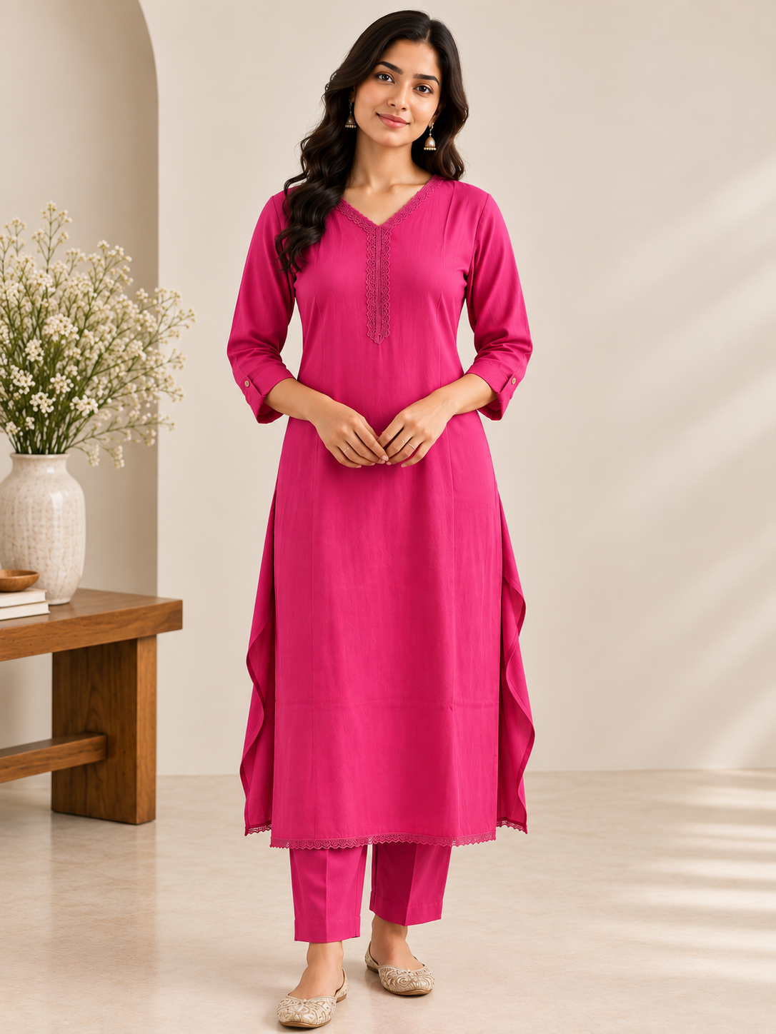 Women's Magenta Pink Embroidered Kurta Pant Set