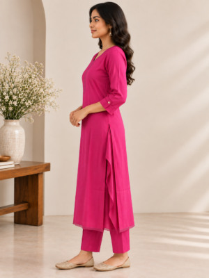 Women's Magenta Pink Embroidered Kurta Pant Set